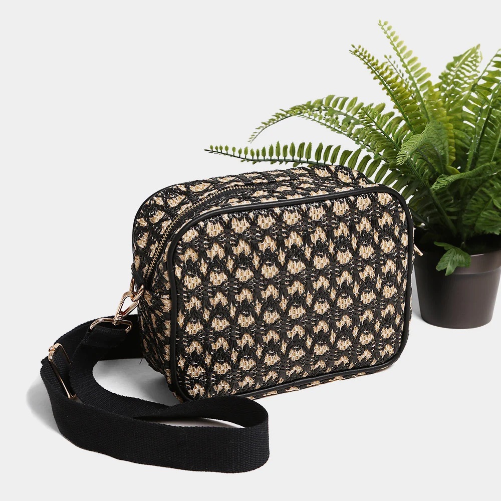 ComfyLuxe NWT Straw Square Black & Tan Crossbody Bag with Adjustable Strap